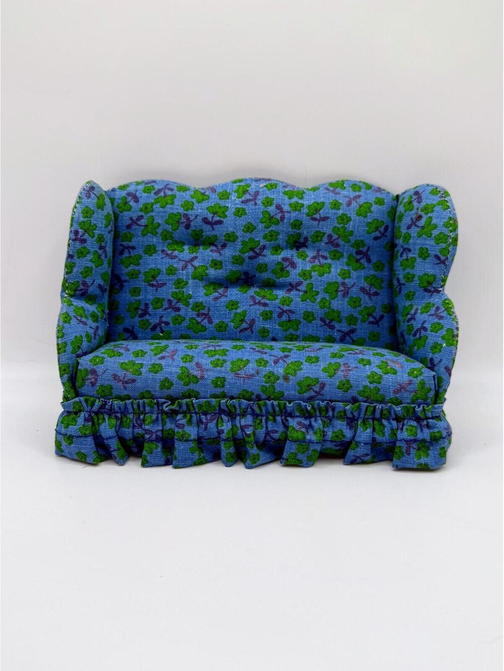 1:12 Scale Miniature Vintage 1970s Dollhouse Sofa Blue Floral Upholstery Ruffle